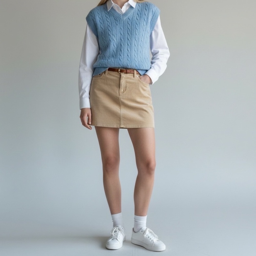 Gap Jeans Vintage Tan Corduroy Mini Skirt Sz 8 Y2K Fall 2004 Camel Brown Preppy